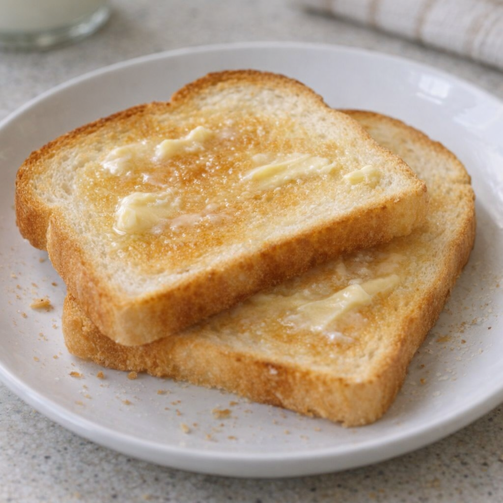 Buttered toast on a shallow plate before adding milk