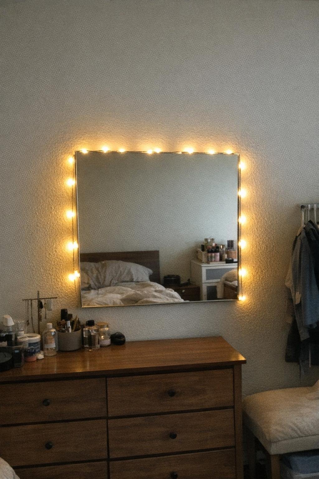 A wall mirror with a soft glowing halo from string lights behind it