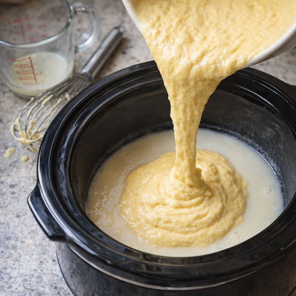 Cake batter being poured over condensed milk in the slow cooker