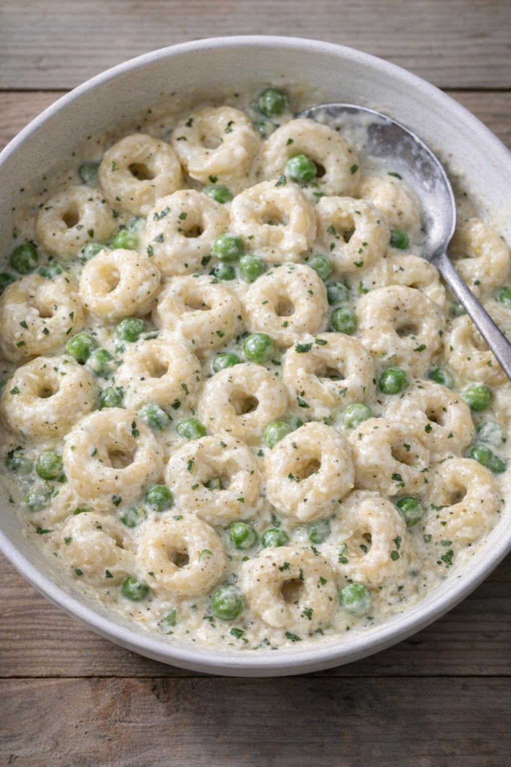 Creamy tortellini with peas and herbs stirred in