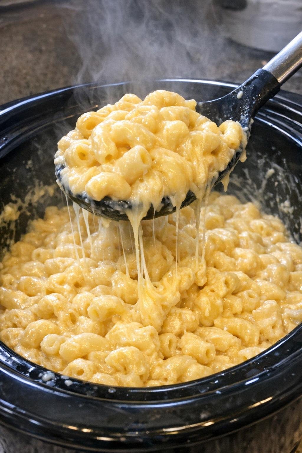 Creamy macaroni in a slow cooker with a spoon lifting a cheesy scoop