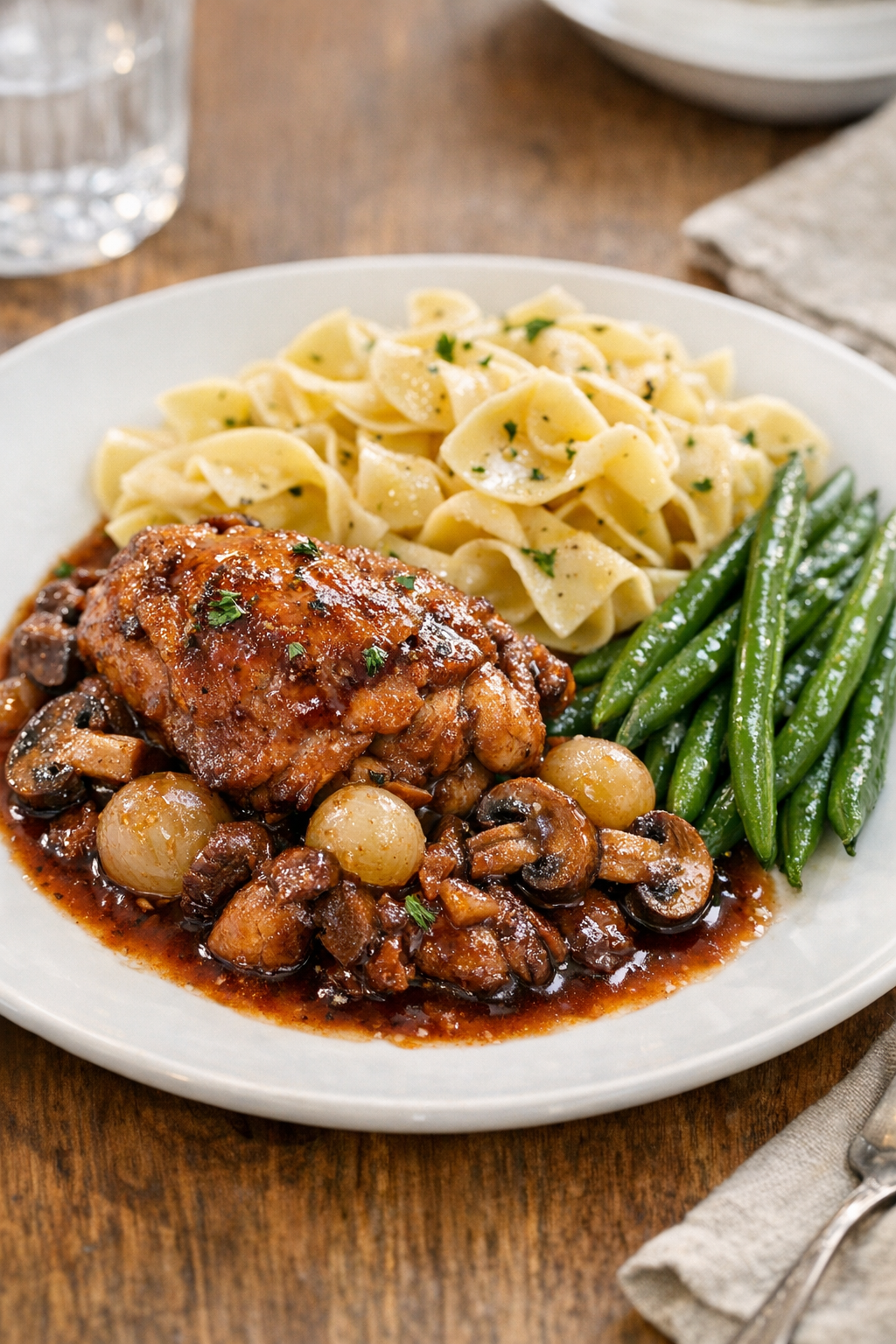 Plated chicken bourguignon with sides