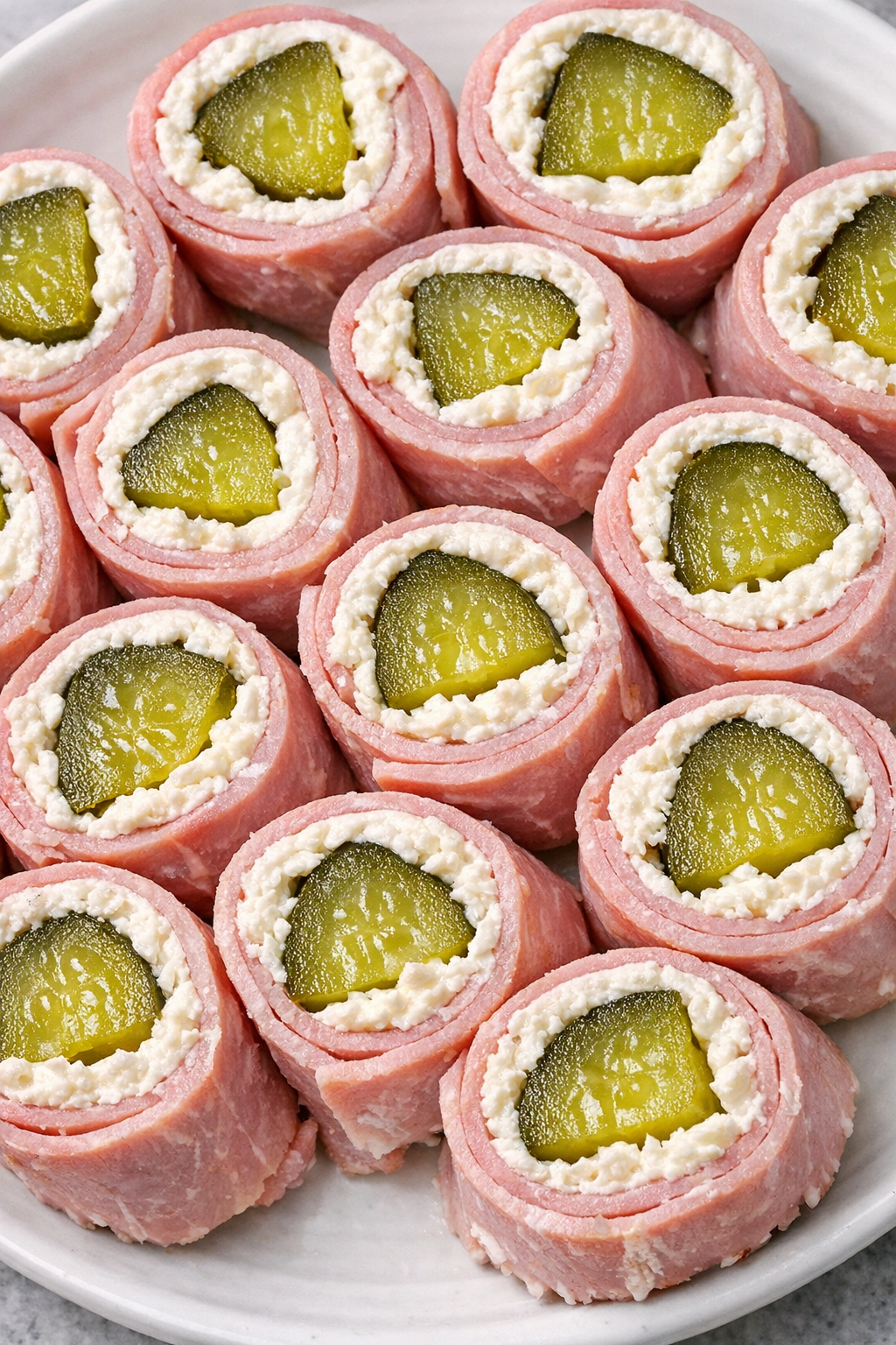 Southern 3-ingredient ham pickle roll ups on a white ceramic plate