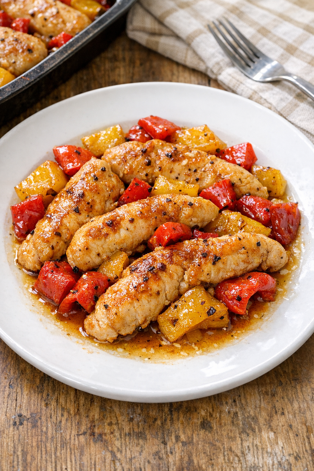Finished baked chicken tenders with roasted red and yellow peppers in a roasting pan