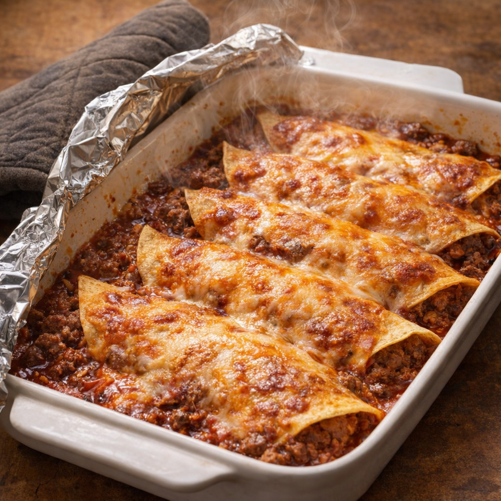 Casserole fresh from the oven with browned cheese on top