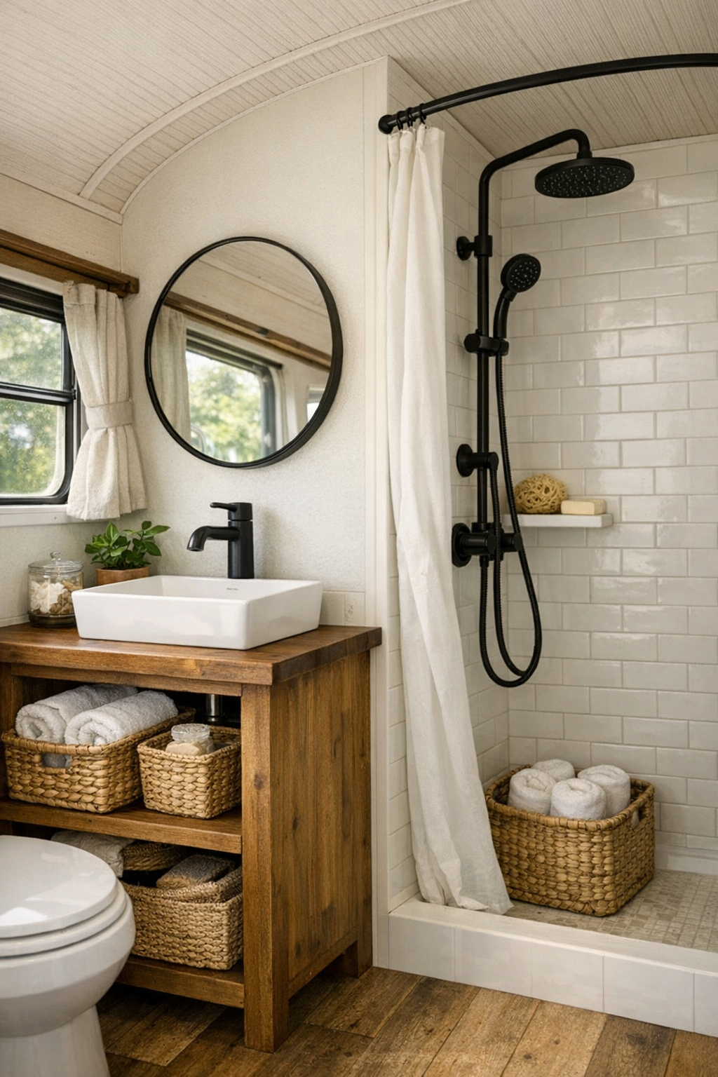 Small rustic bus bathroom with wood vanity, dark fixtures, and simple tile shower