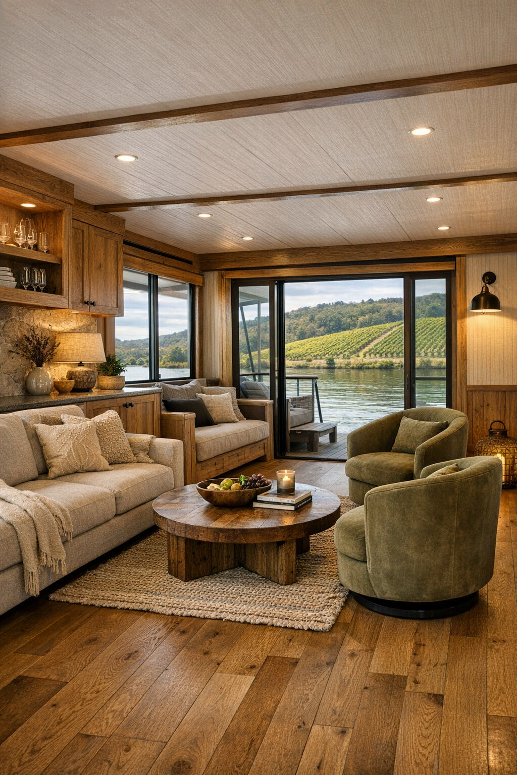 Warm accessible living room inside a modern rustic wine country houseboat with oak floors and large windows
