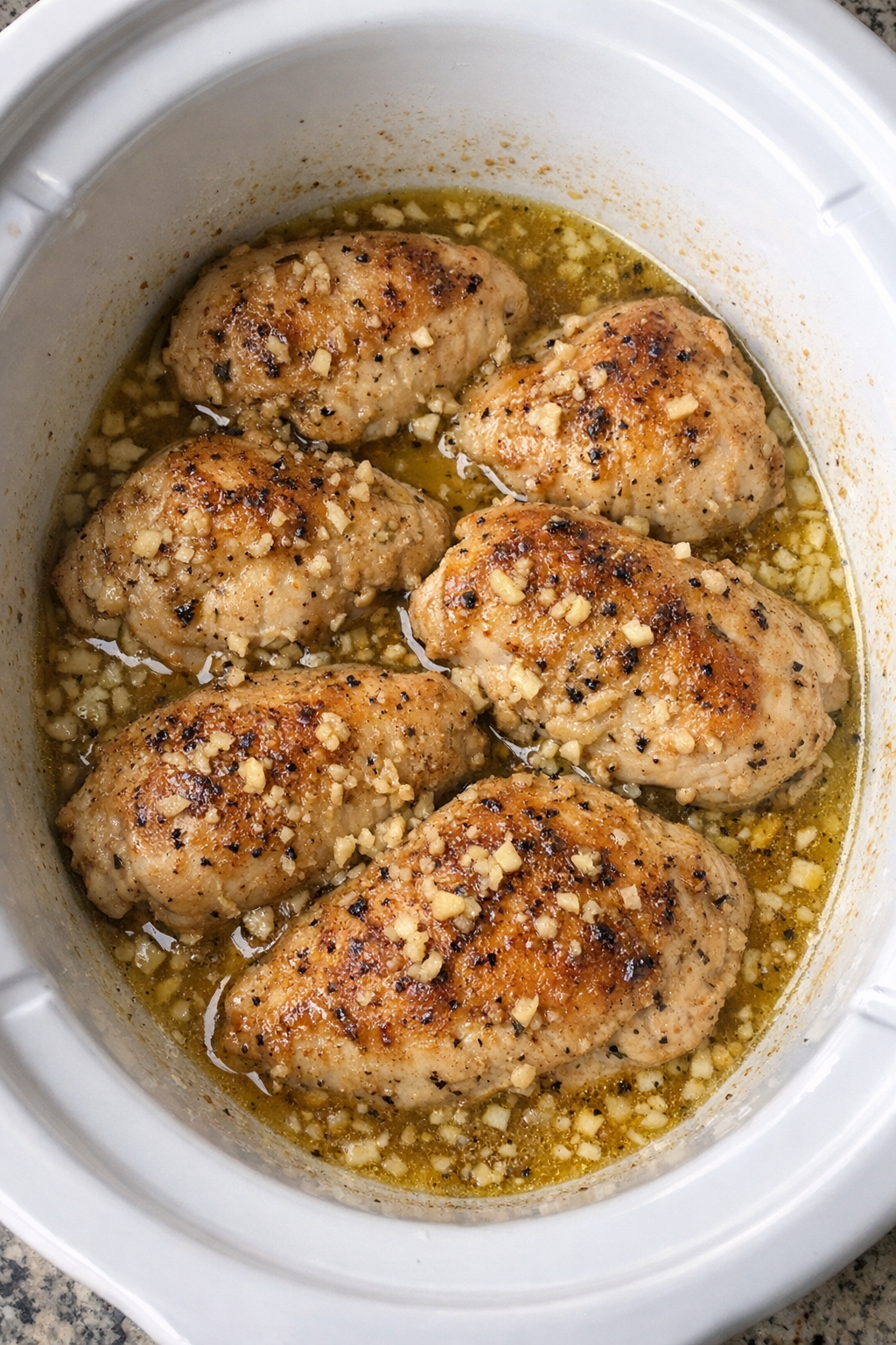 Slow cooker buttery garlic chicken in a white slow cooker