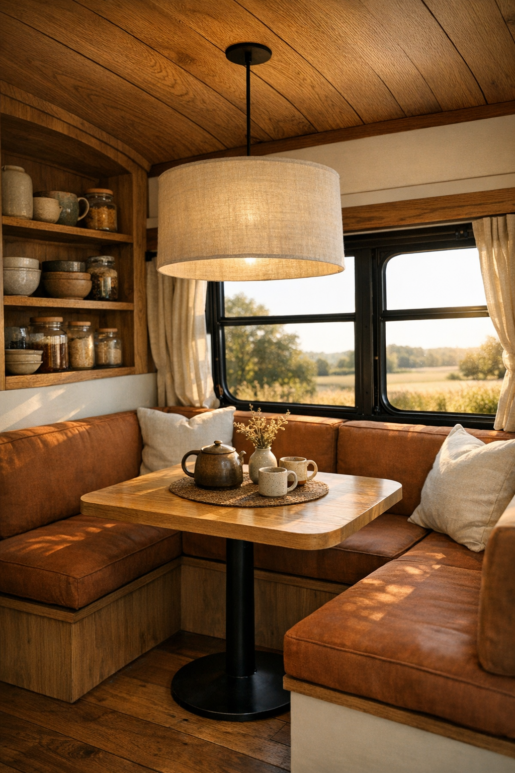 Built-in dining nook inside the bus with ash table and clay-toned banquette