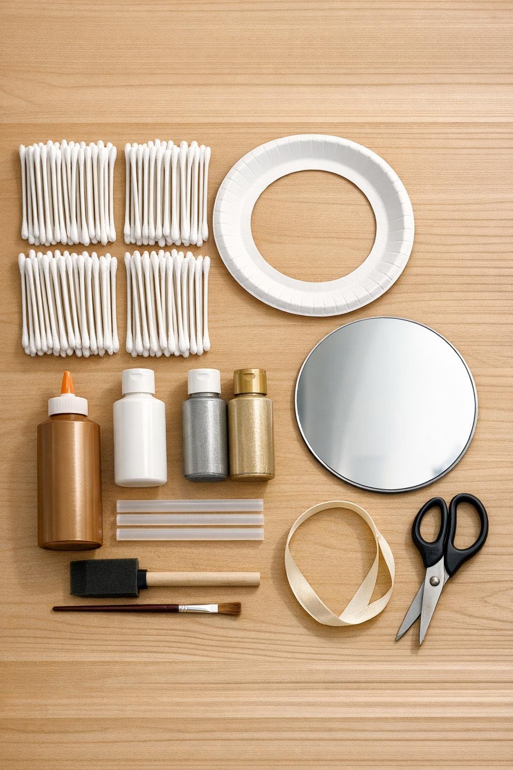 Cotton swabs, paper plate rim, mirror, paint, glue, and hanging supplies laid out for the project