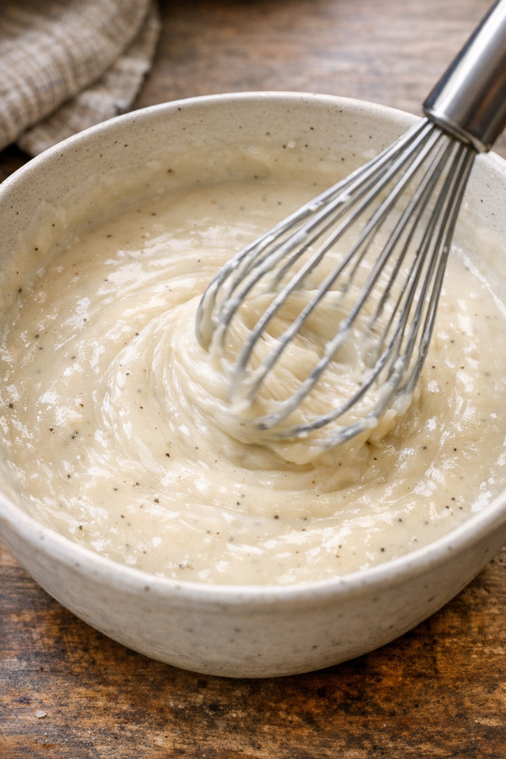 Country gravy mixture being whisked in a bowl