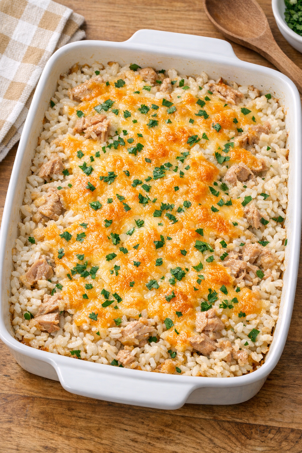 Finished baked skipjack tuna and rice casserole