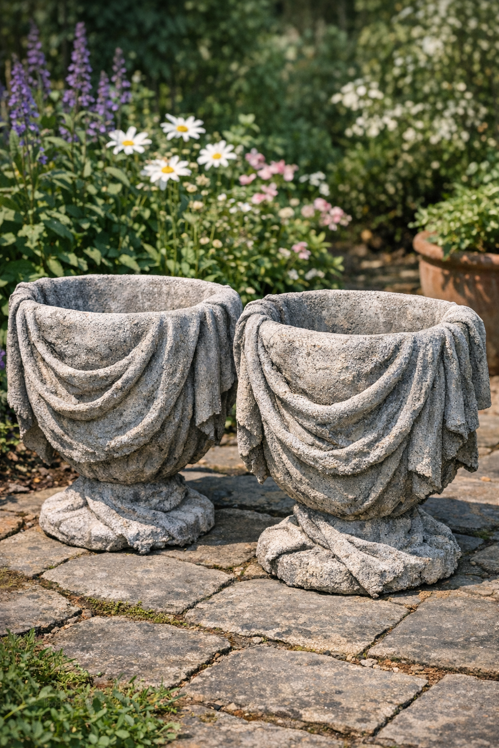 Finished draped cement burlap garden urns displayed outdoors