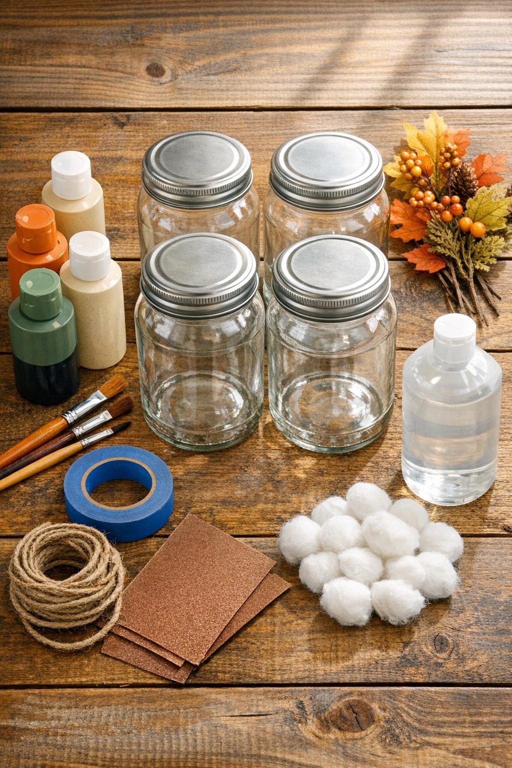 Thrifted glass pickle jars and painting supplies laid out for the project