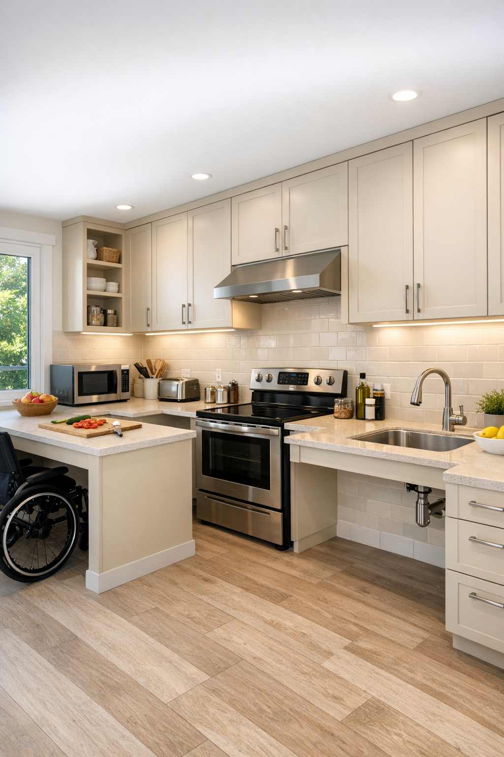 Accessible modern kitchen with creamy cabinets and pale quartz counters