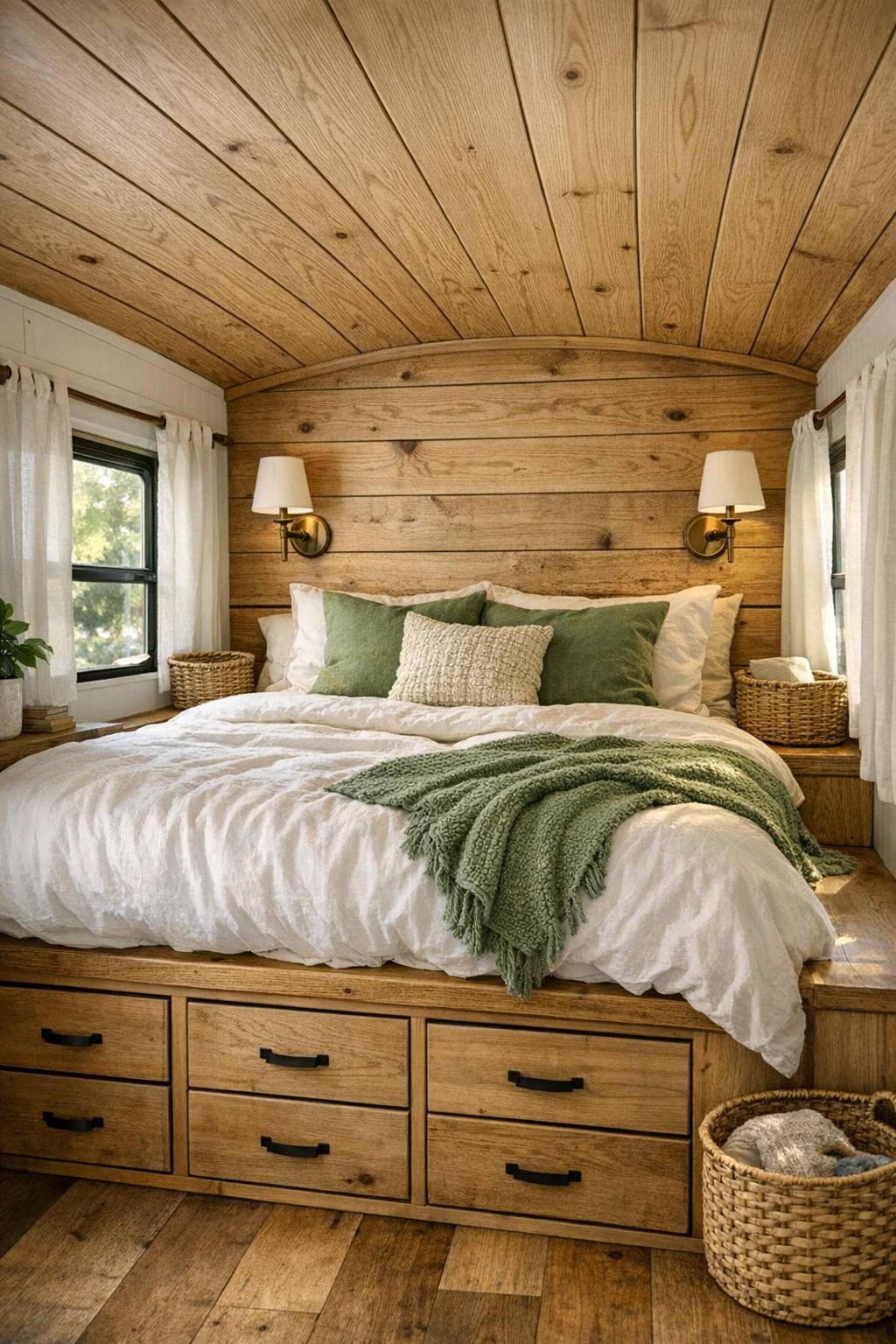 Cozy bedroom at the rear of the bus with a raised platform bed and built-in storage