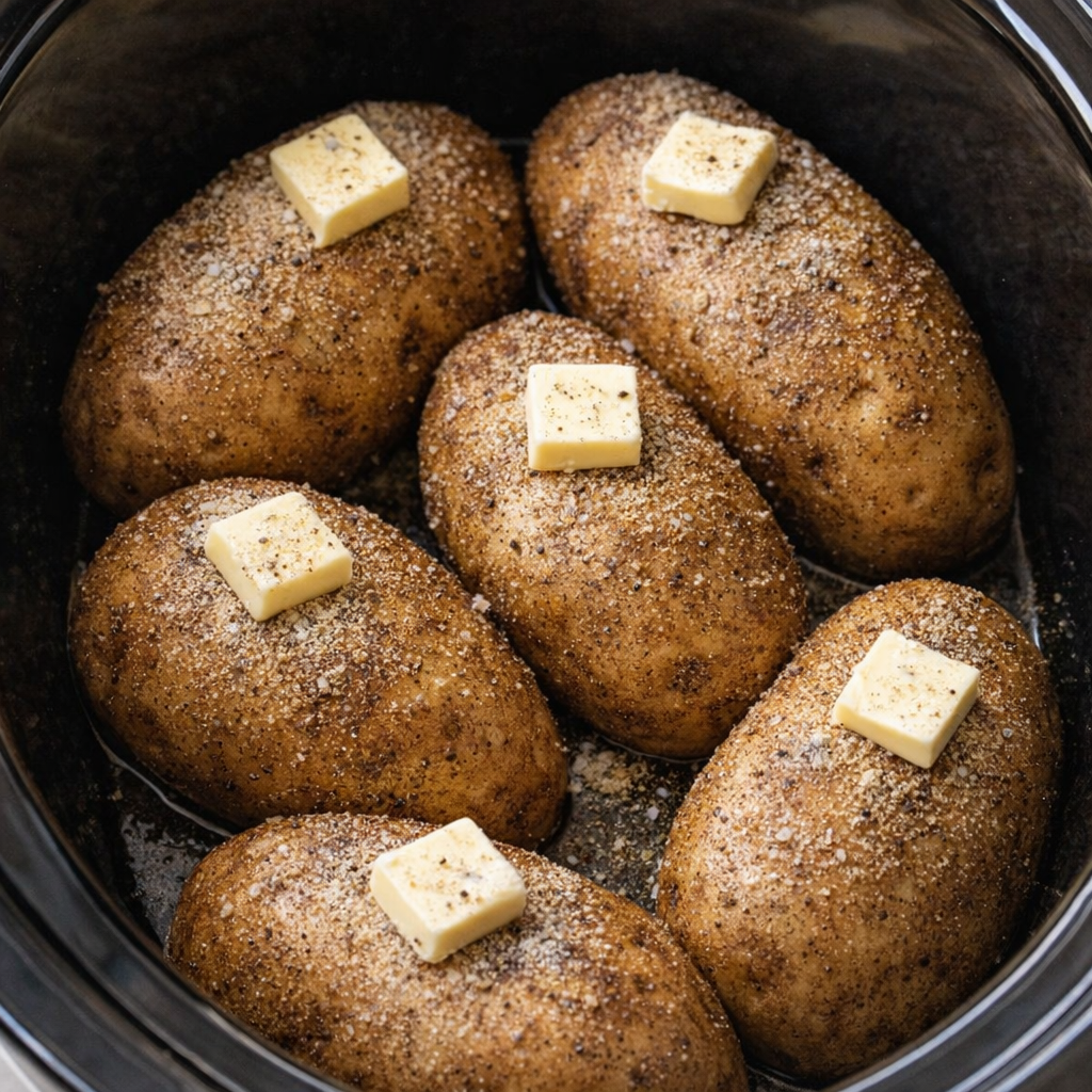 Seasoned potatoes in the slow cooker with butter on top