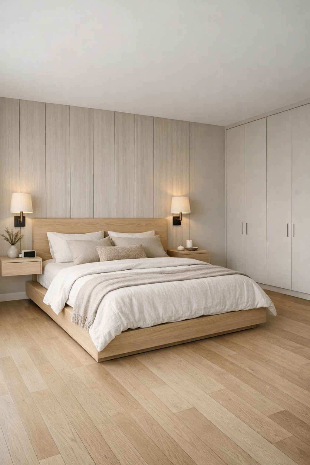 Calm bedroom with a white oak platform bed, paneled headboard wall, soft neutral textiles, and built-in storage