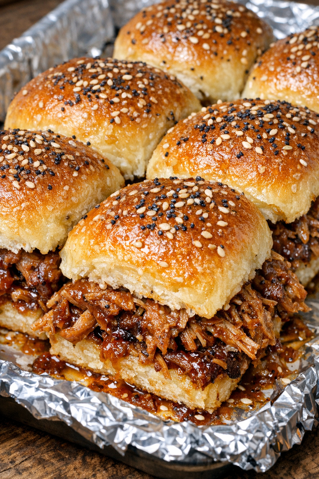 Southern pulled pork sliders on a foil-lined baking tray