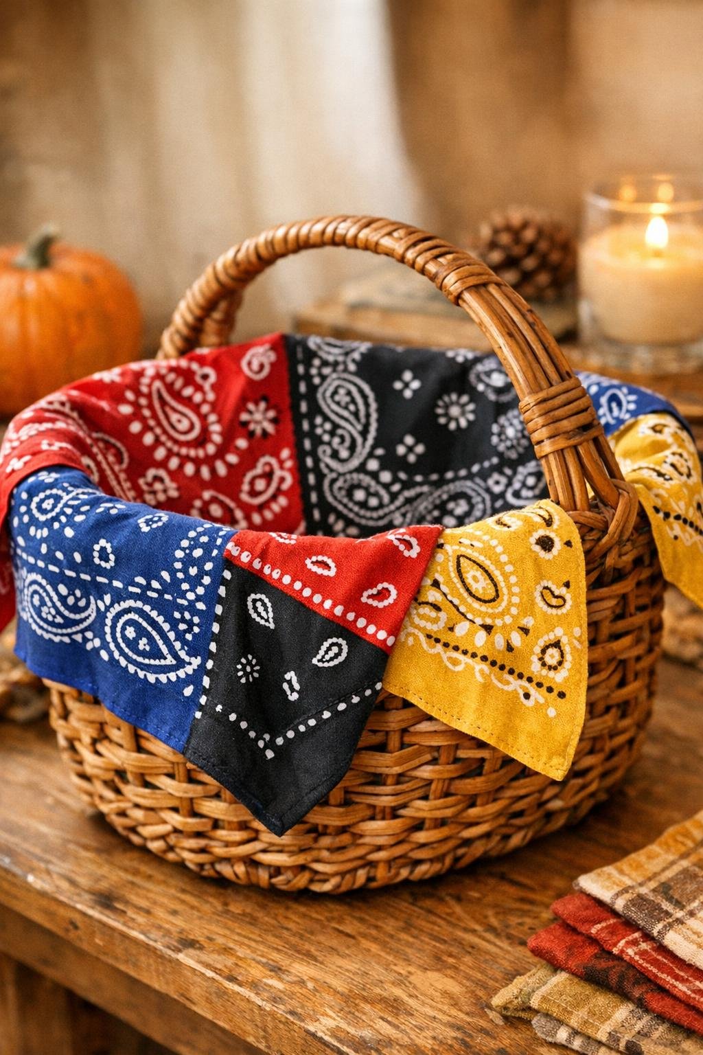 Finished fall basket liner made from four cotton bandanas in a woven basket