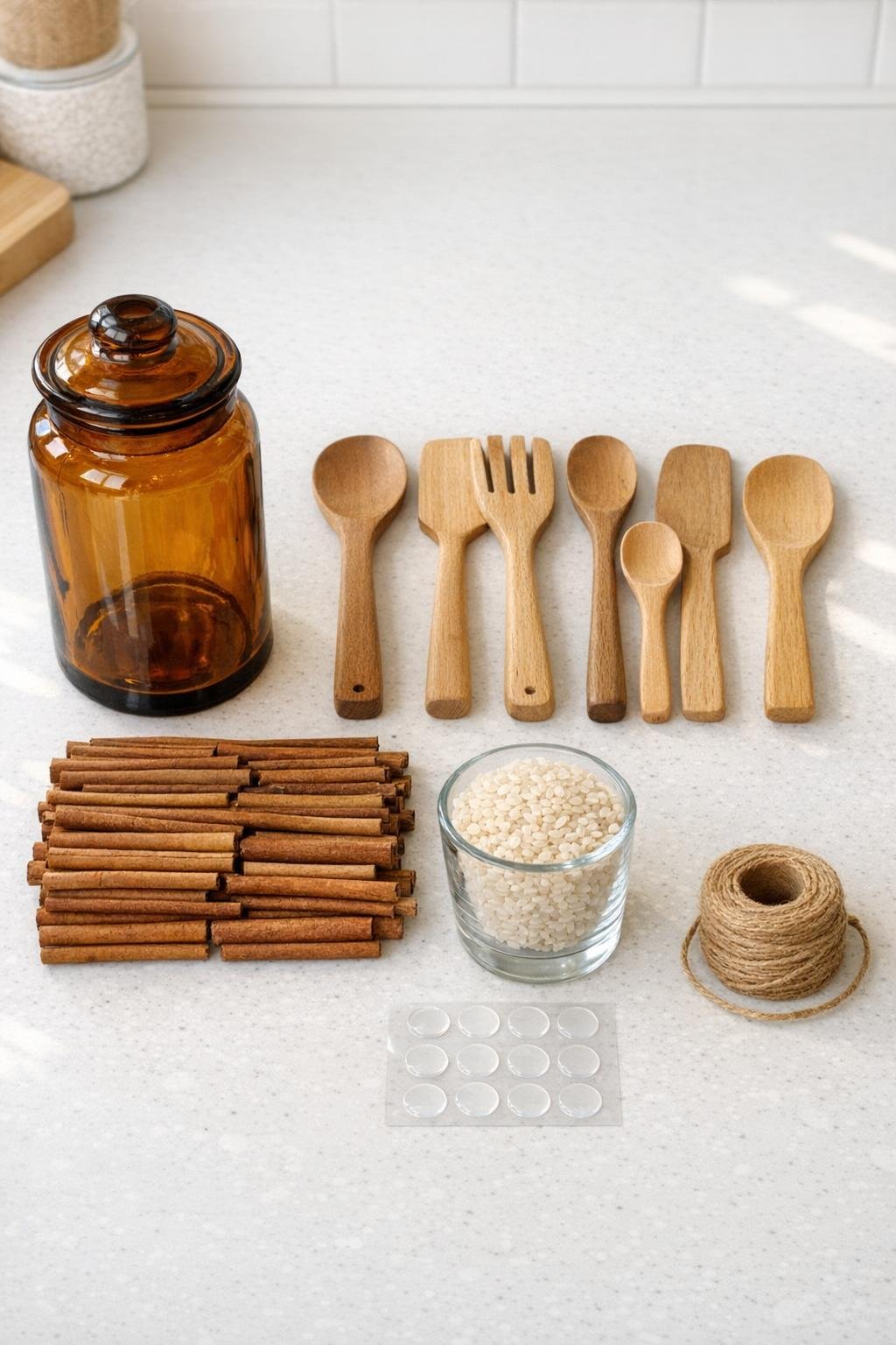 Materials for the cinnamon stick utensil crock laid out on a counter