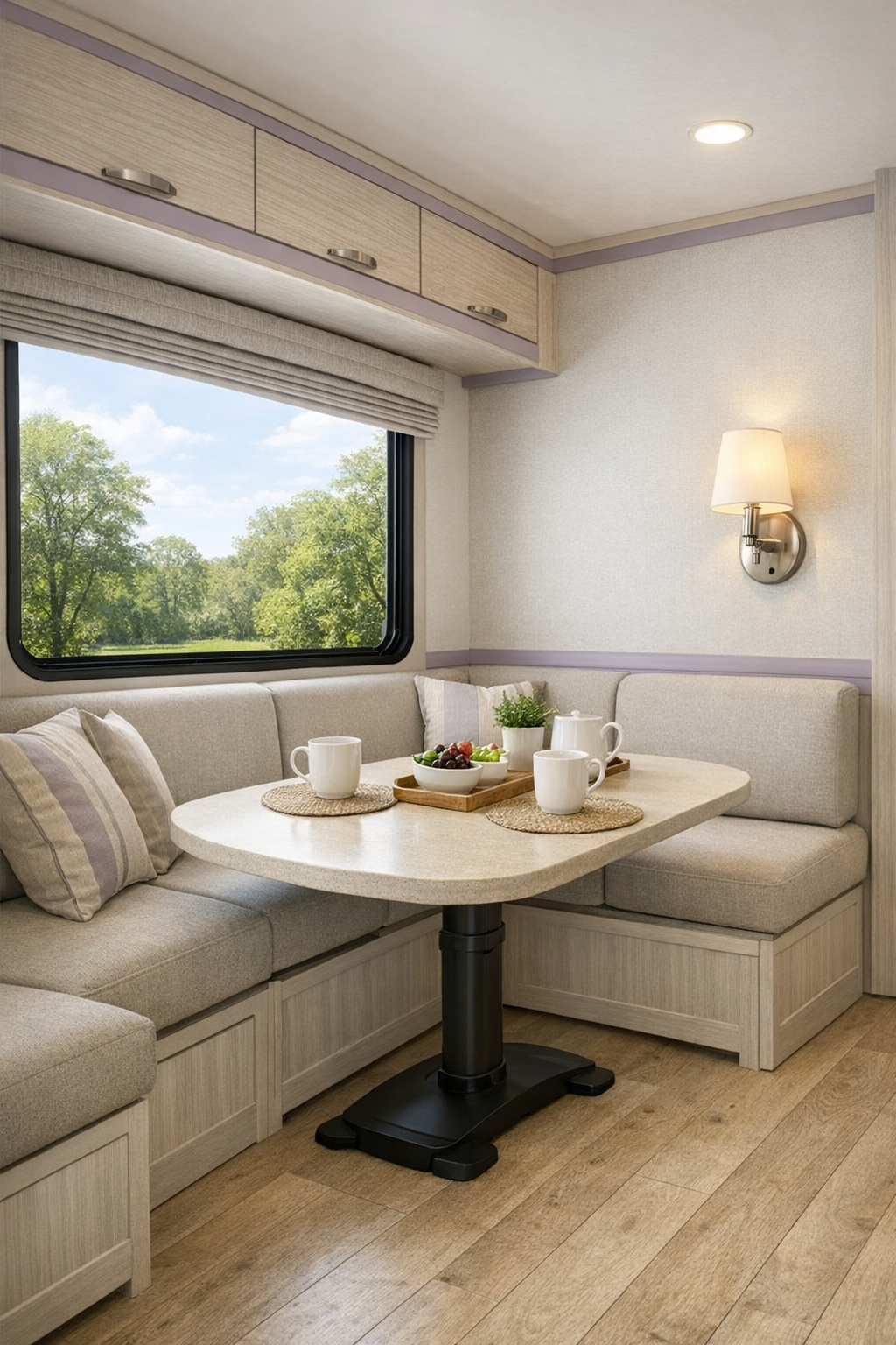 Compact RV camper dining area with curved table and built-in bench seating