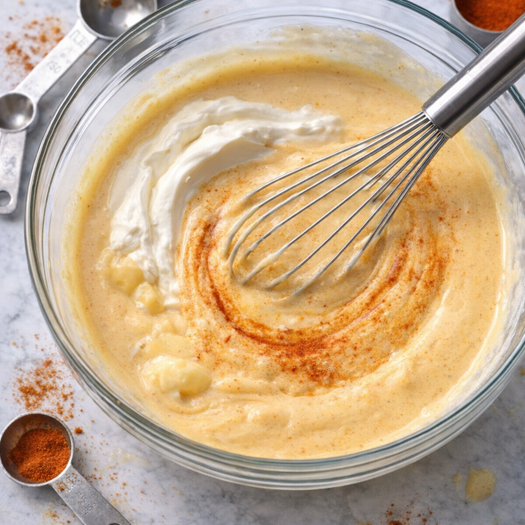 Creamy paprika sauce being whisked in a bowl