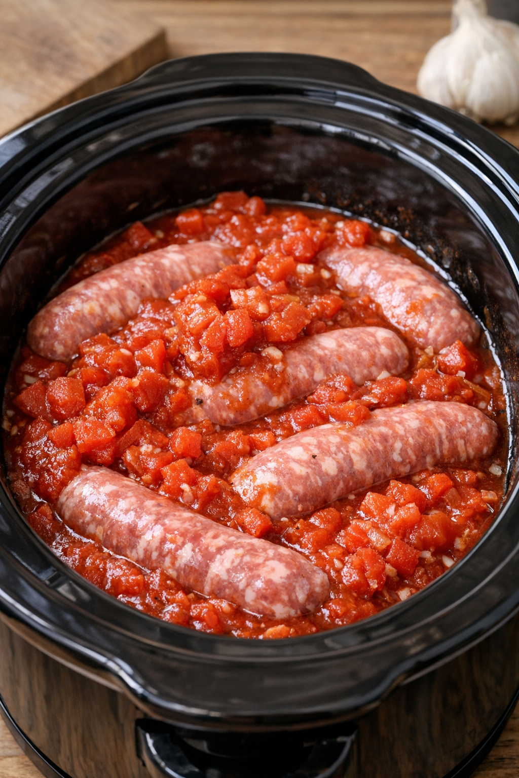 Sausage covered with pasta sauce and diced tomatoes in the slow cooker
