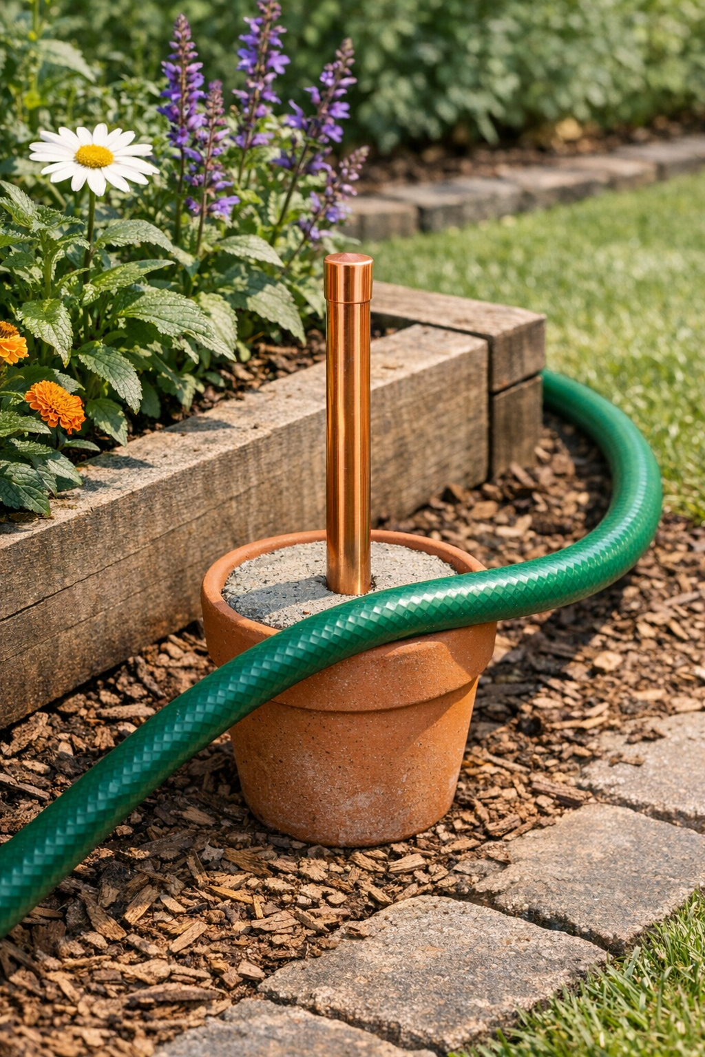 Finished terracotta pot garden hose guide with copper pipe