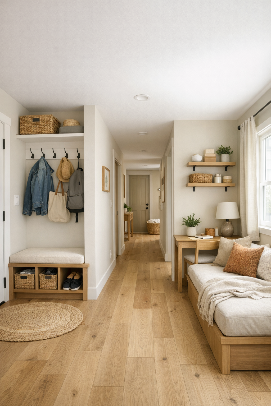 Flexible tiny home nook and entry area with bench storage, daybed, and wide hallway
