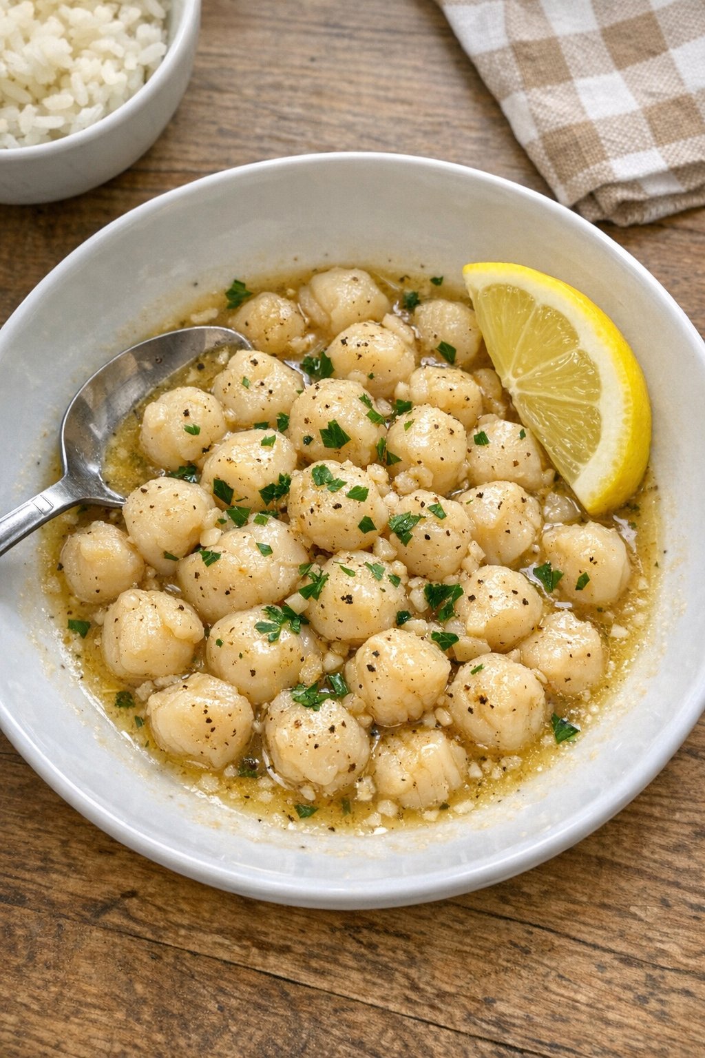 Finished slow cooker bay scallops served in a bowl