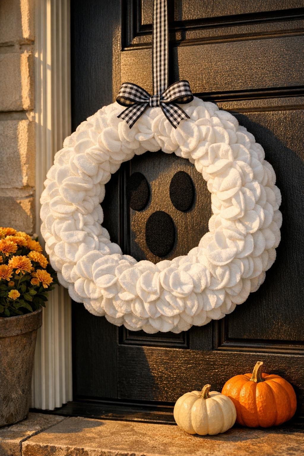 Finished ruffled ghost face wreath hanging on a front door