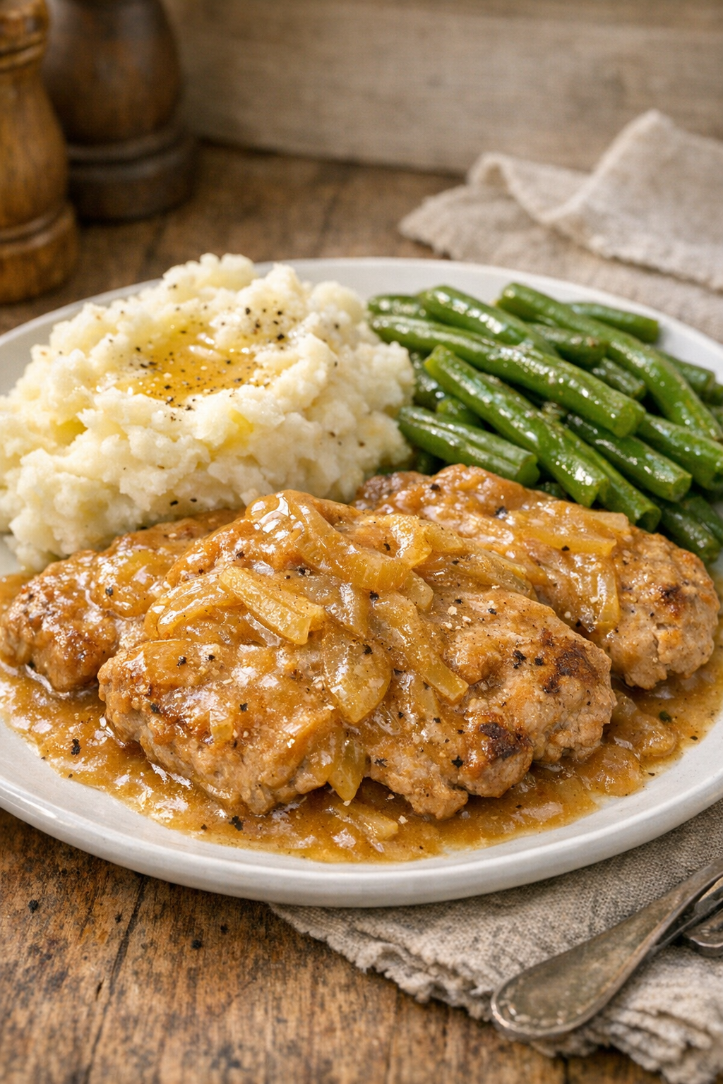 Finished slow cooker pork cutlets with gravy on a plate