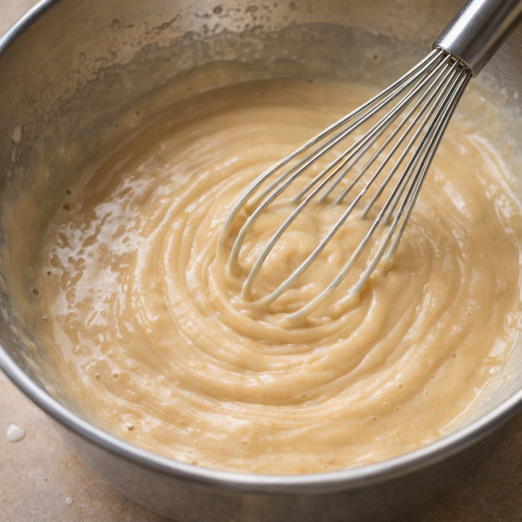 Creamy sauce being whisked in a mixing bowl