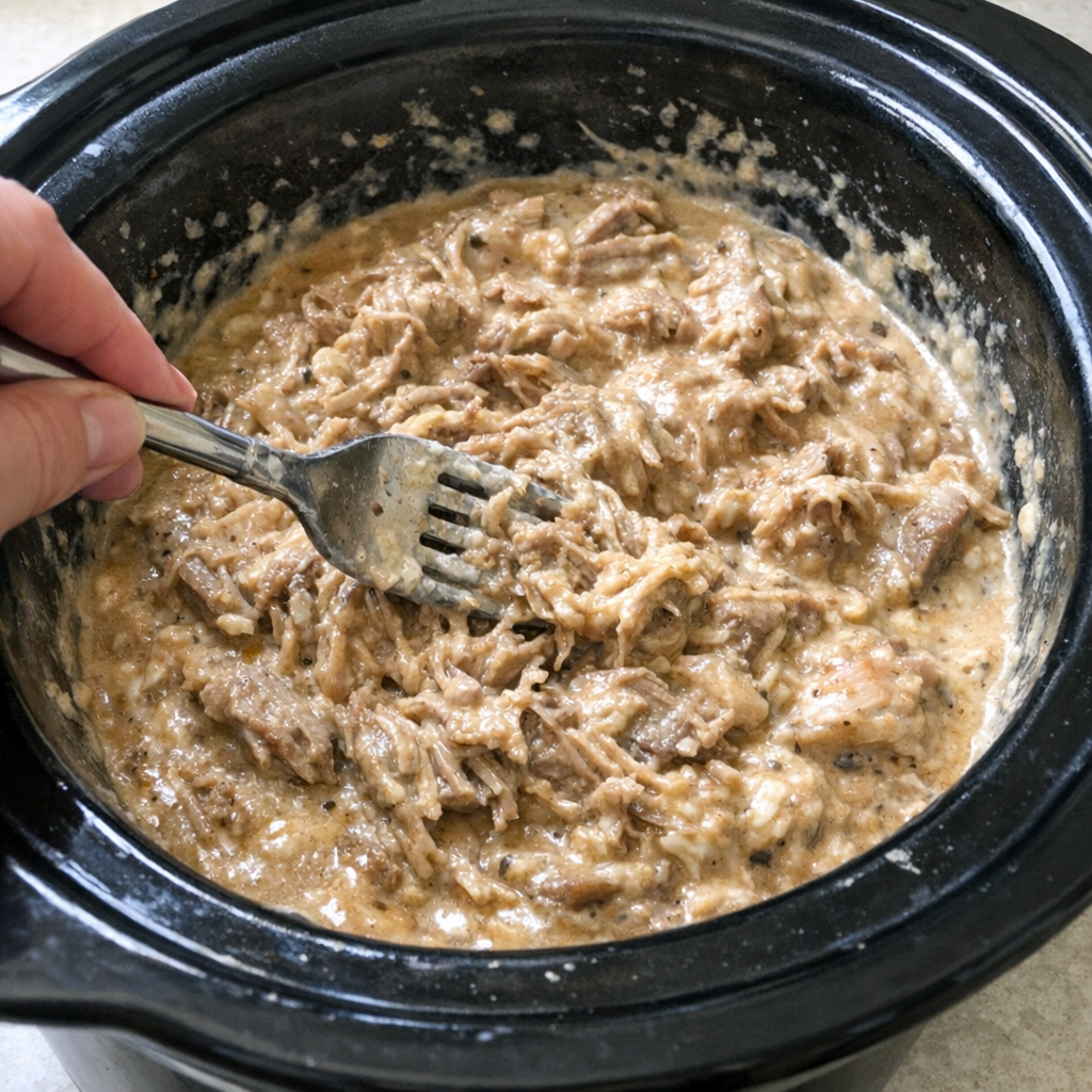 Shredded pork in creamy Worcestershire sauce in the slow cooker