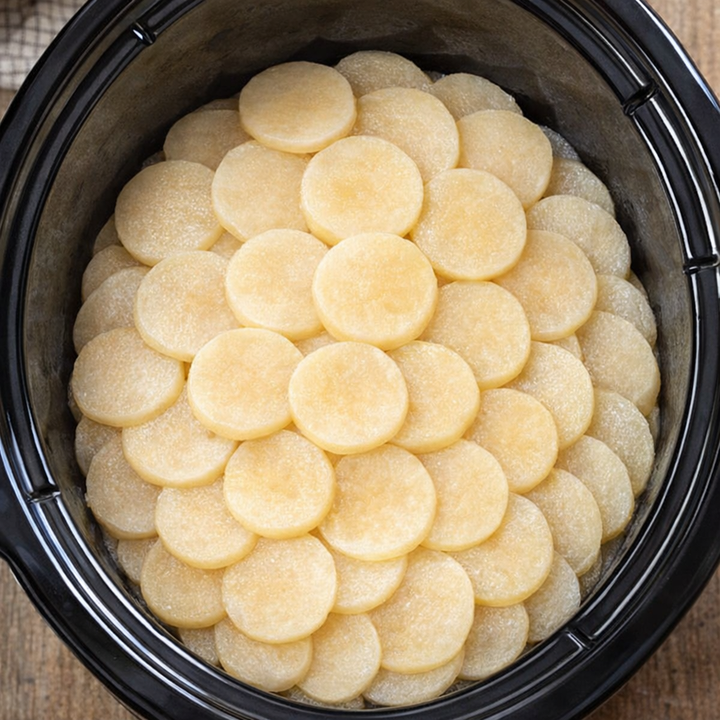 Potato slices layered in a buggy wheel pattern