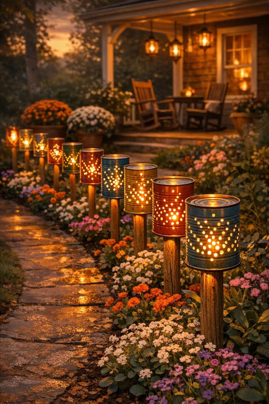 Finished tin can lantern stakes glowing along a garden path