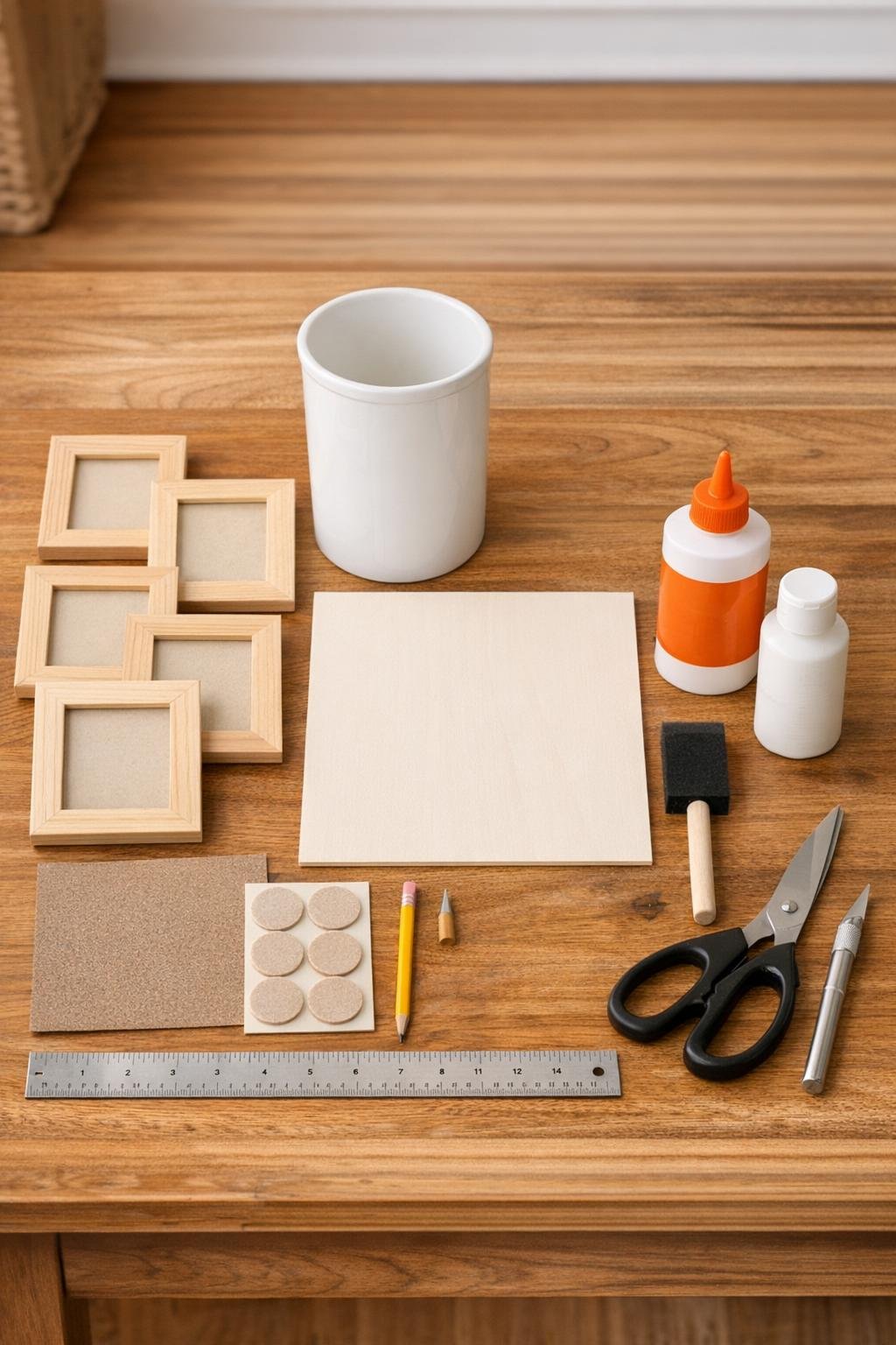 Materials for a wooden frame and ceramic crock mail sorter