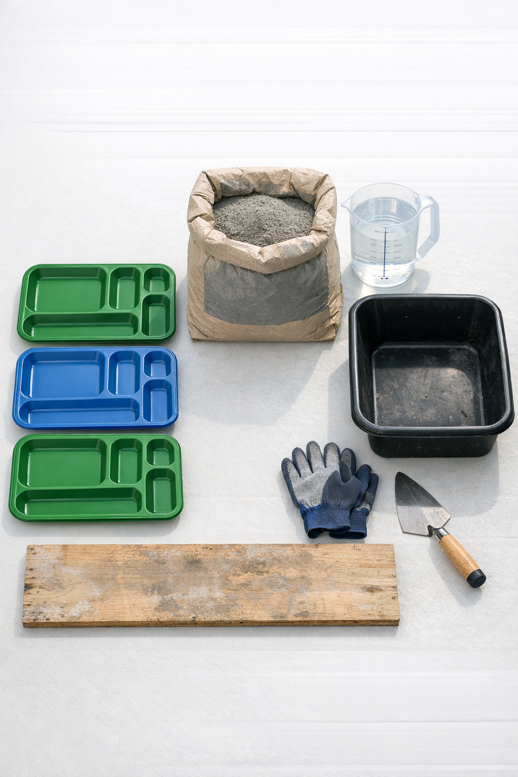 Plastic school lunch trays and cement mix laid out for the project