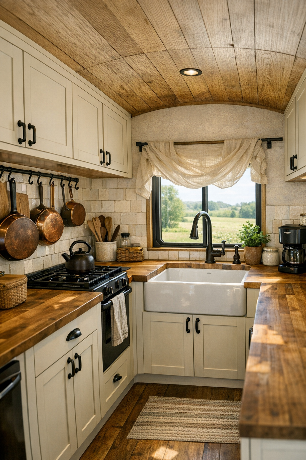 Warm galley kitchen in a converted bus with butcher-block counters and shaker cabinets