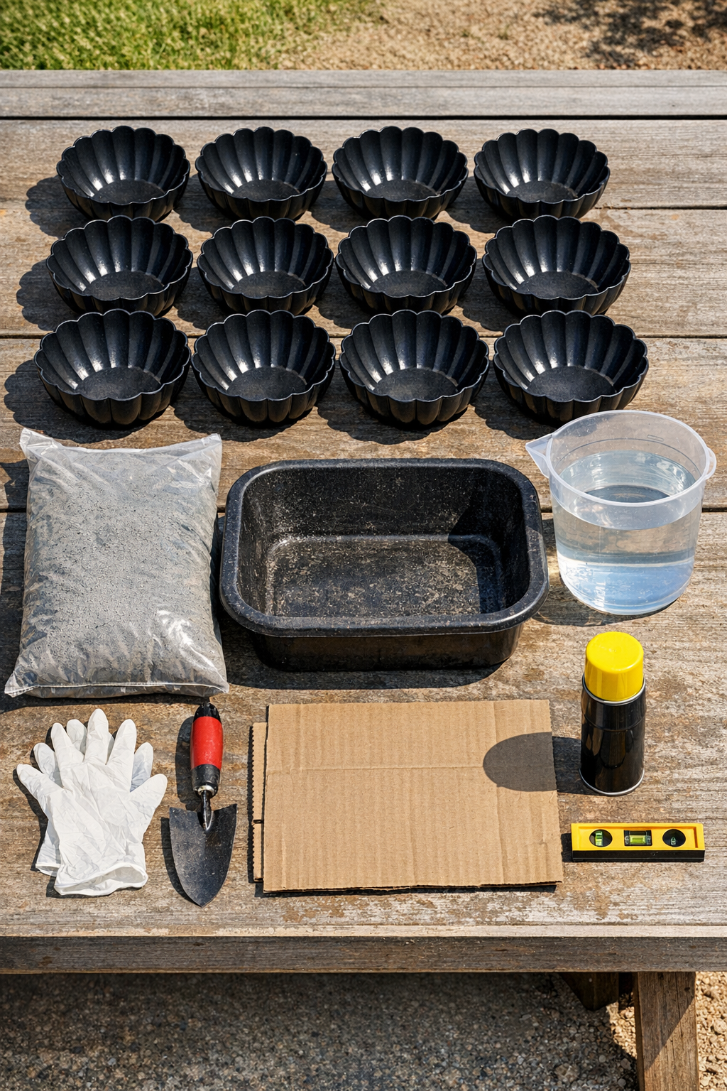 Materials for making scalloped cement garden border pieces laid out on a work surface