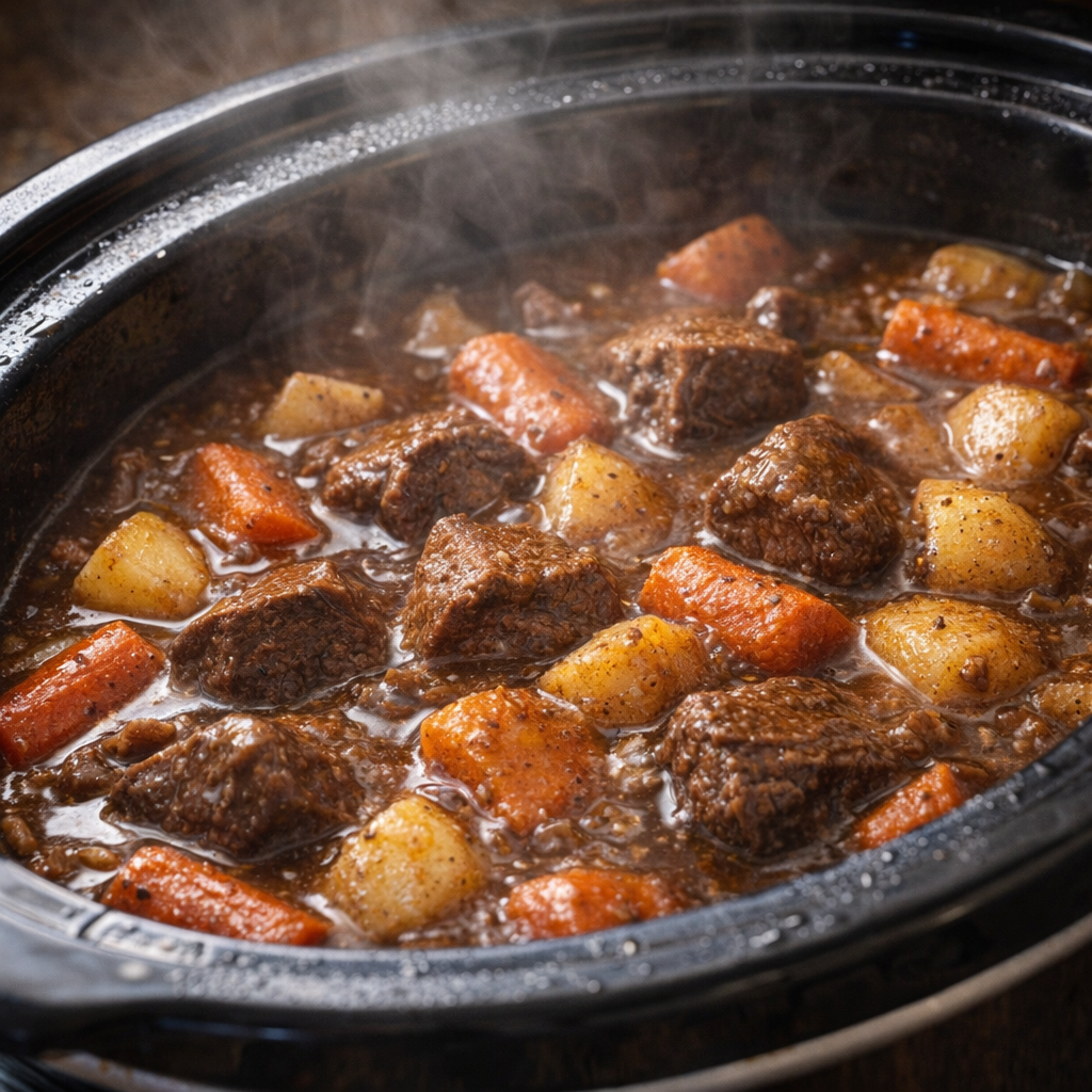 Beef stew simmering in a slow cooker