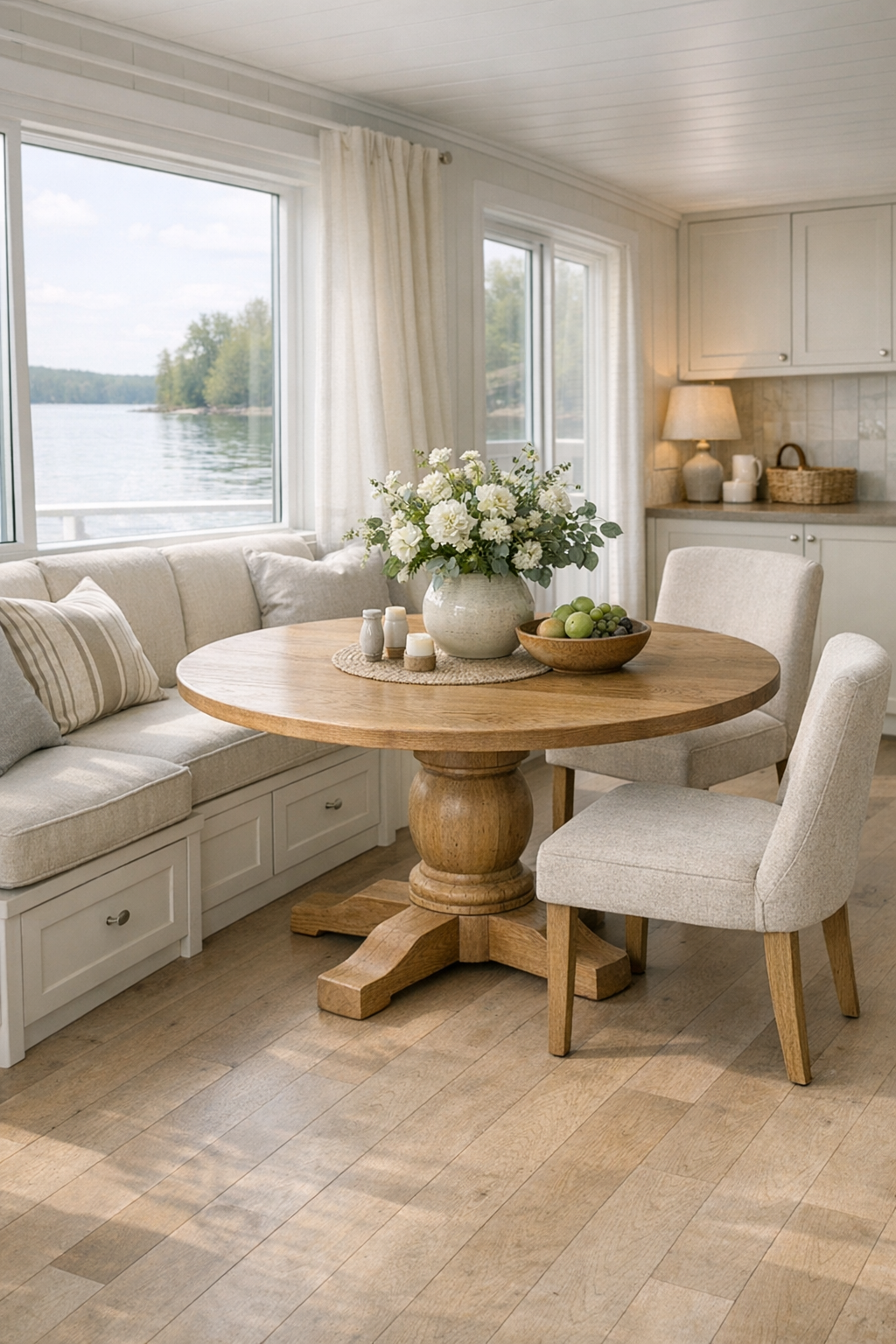 Warm cottage-style dining area with round oak table and built-in banquette on a houseboat