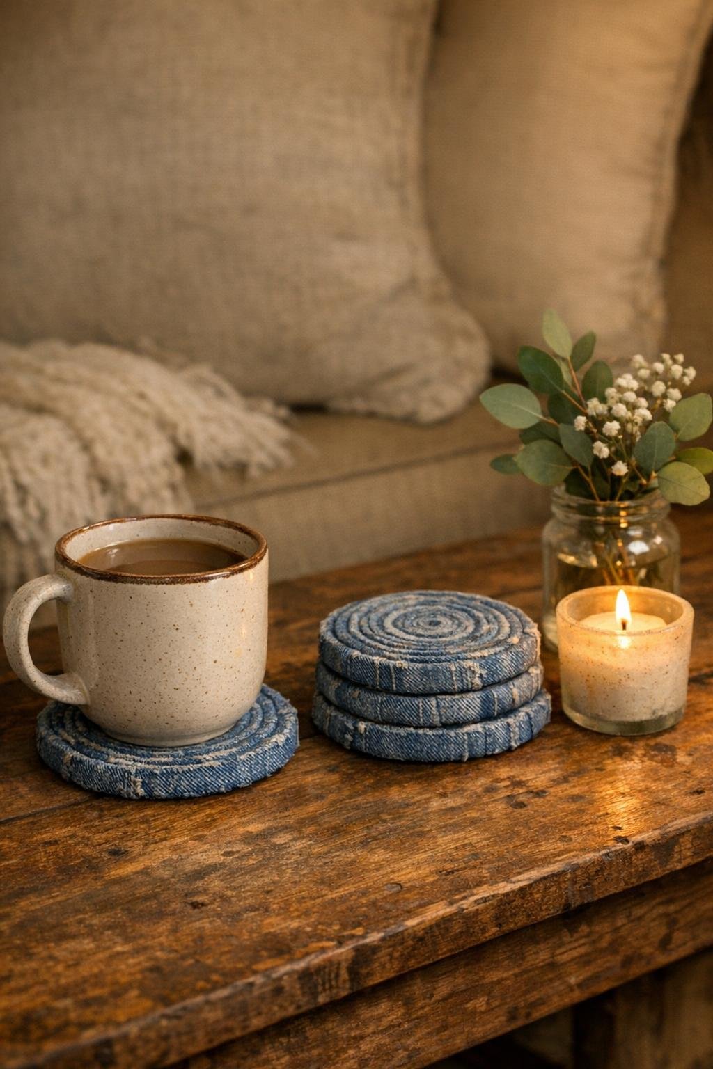 Finished rustic denim spiral coasters styled on a coffee table