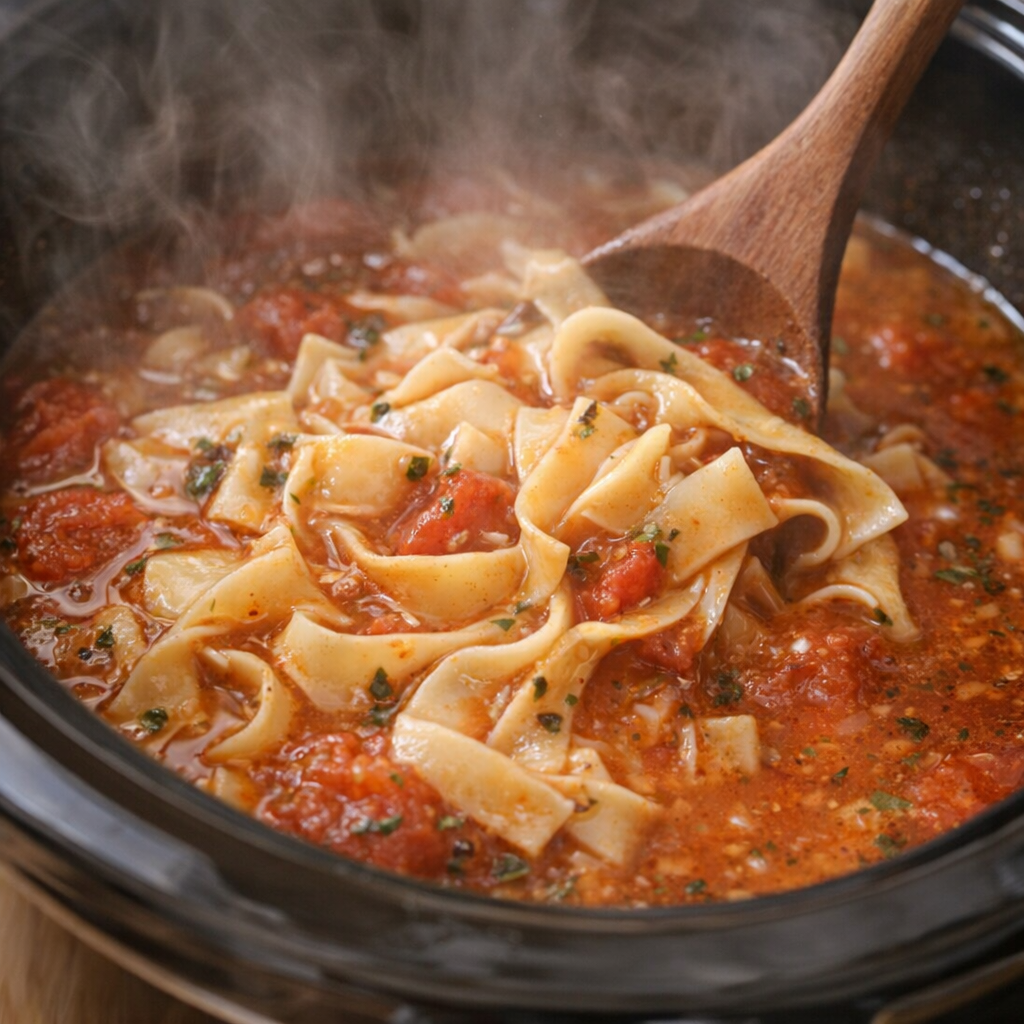 Egg noodles being stirred into tomato soup