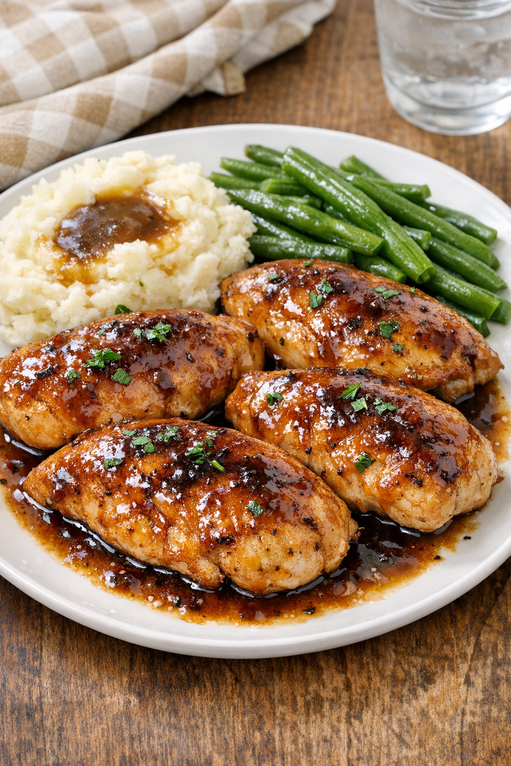 Finished baked chicken plated with glossy sauce