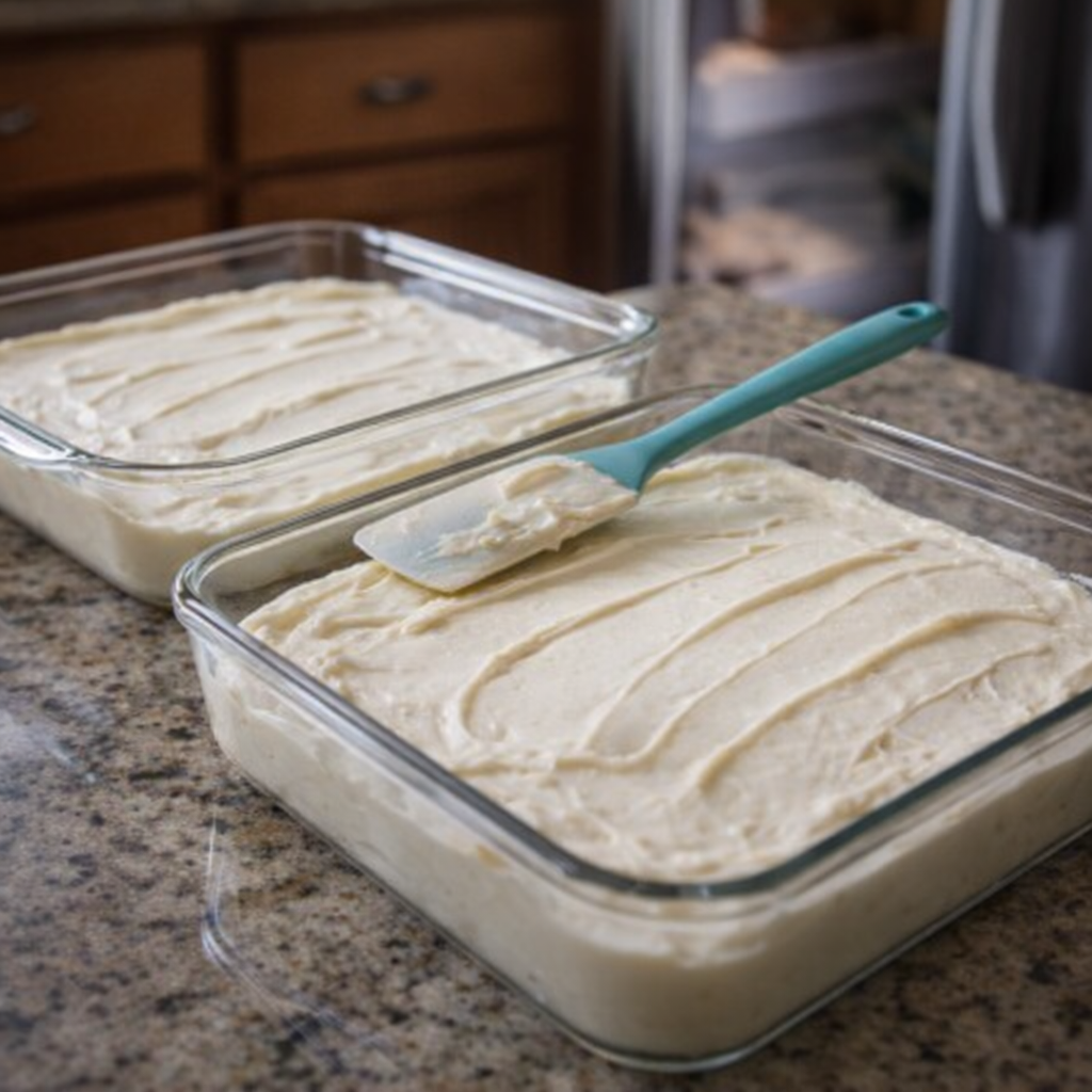 Cheesecake filling smoothed into glass baking dishes