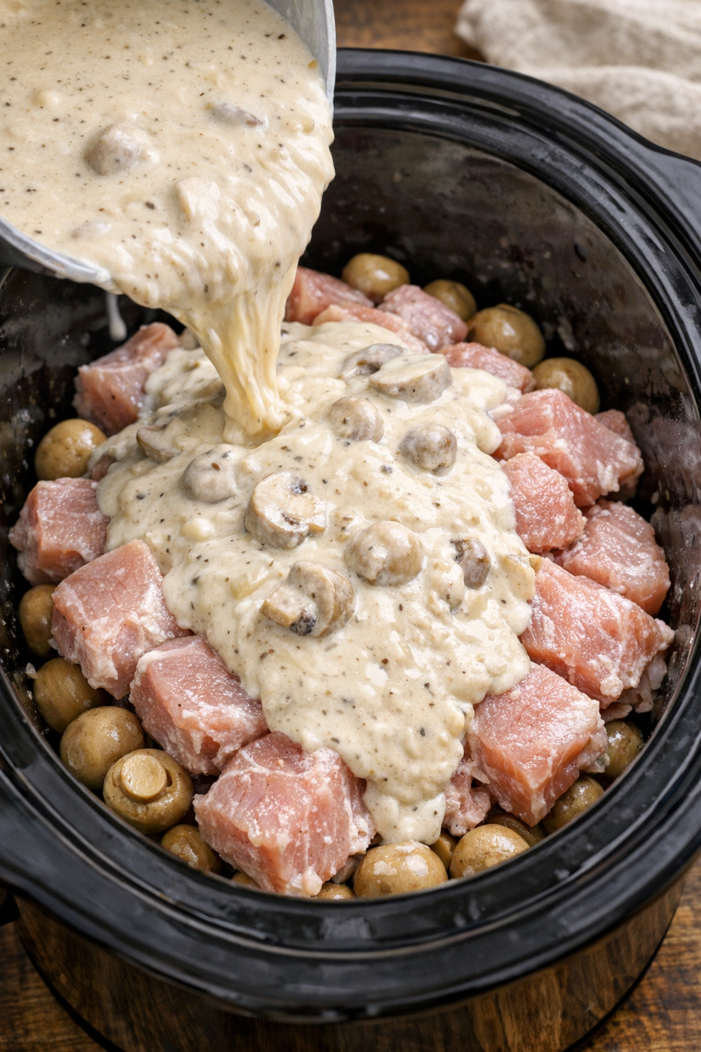 Sauce poured over pork in slow cooker