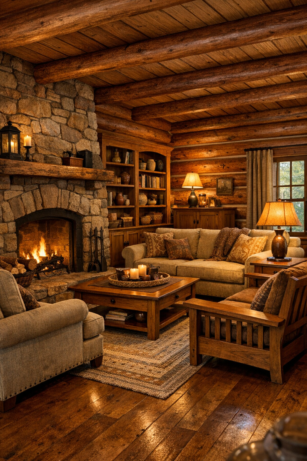 Warm log home living room with stone fireplace and handcrafted wood furnishings