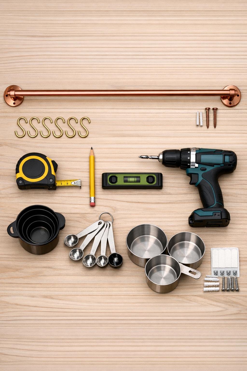 Materials for a pantry door measuring cup rack